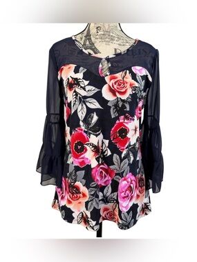 Adele & May | Pink Floral Navy Blouse Sheer Tiered Bell Sleeve Mesh Top Sz M